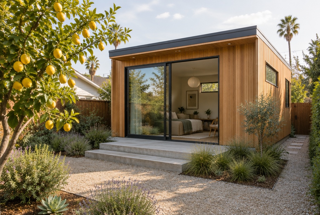 A compact cedar-clad backyard unit with a large sliding glass door, concrete steps and a lemon tree in a sunny garden.