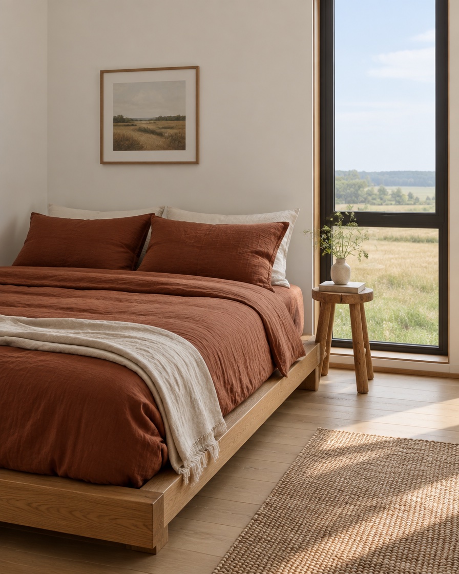 A calm bedroom with an oak platform bed dressed in rust linen beside a tall window looking onto fields.