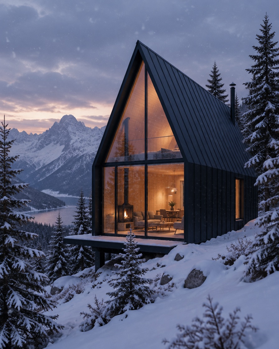 A steep black A-frame cabin with a tall glass gable glowing at twilight on a snowy slope among spruce trees.