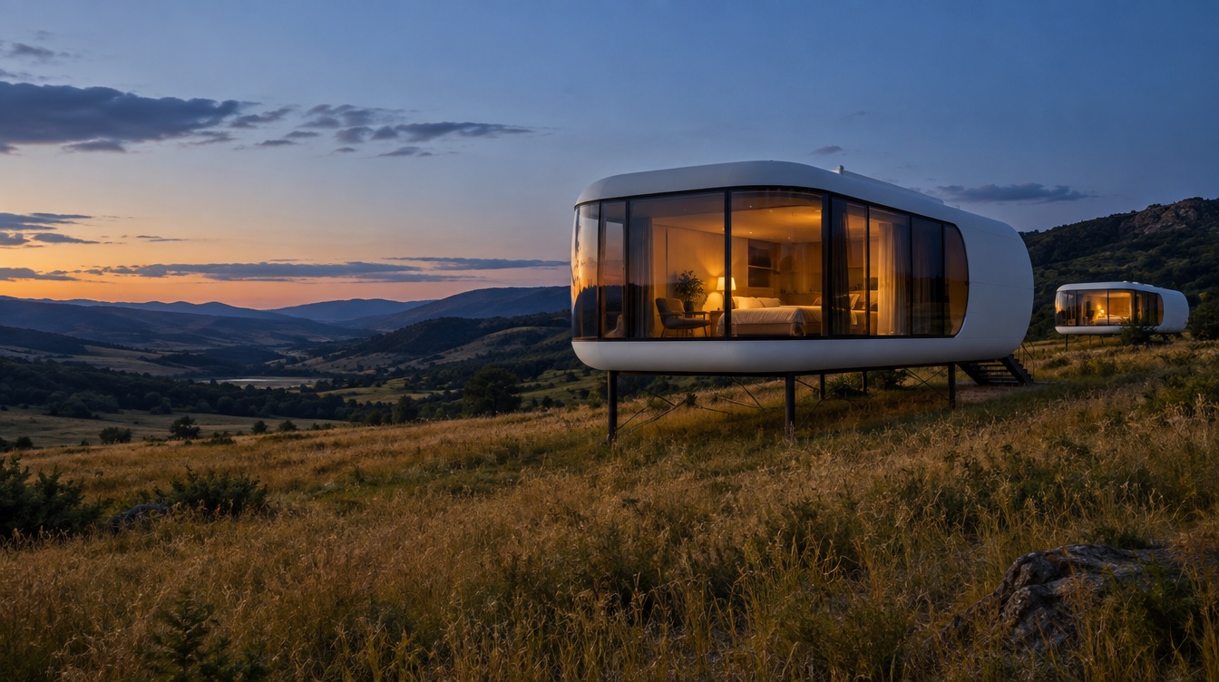 A white rounded capsule home with glowing wraparound windows on slim legs in a golden meadow at dusk, a second unit behind it.