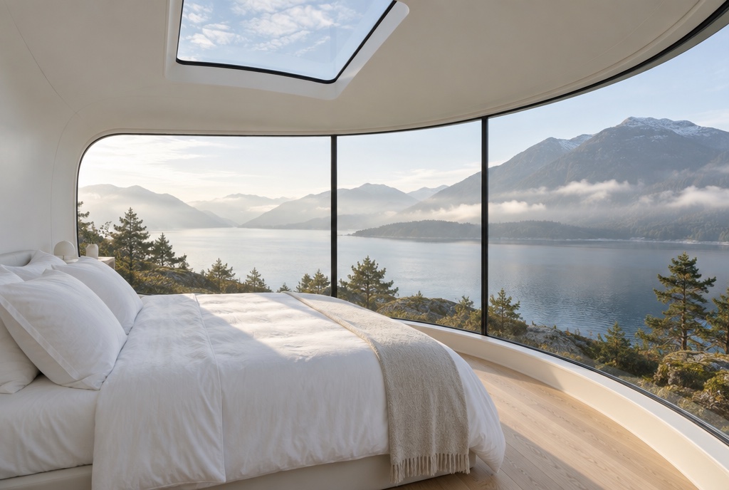 Inside a white capsule home: a bed with white linen facing curved floor-to-ceiling glass and a skylight, looking out over a misty lake.