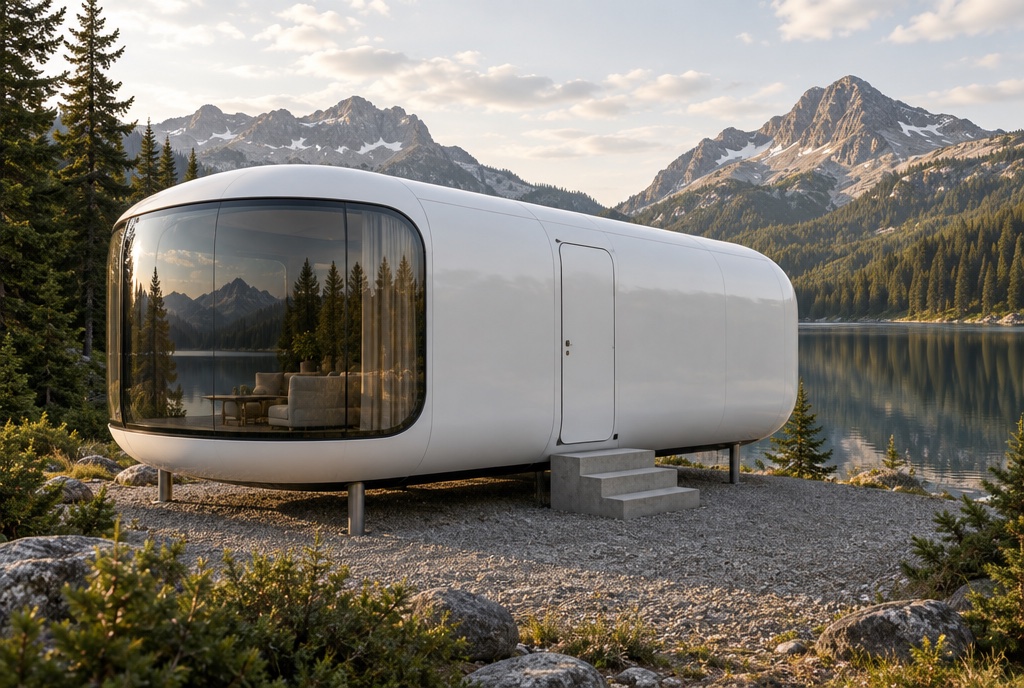 A sleek white capsule home with a curved panoramic glass end, raised on steel legs on a gravel pad above a mountain lake.