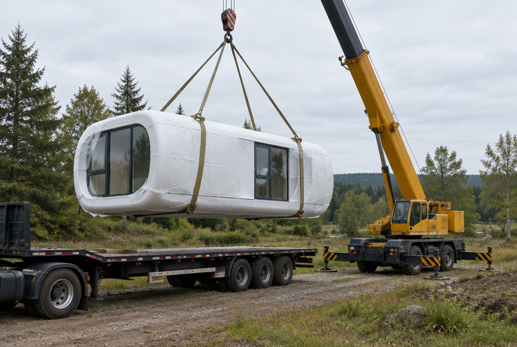 A white capsule home wrapped in protective film being lifted by a crane off a flatbed truck onto a rural lot.