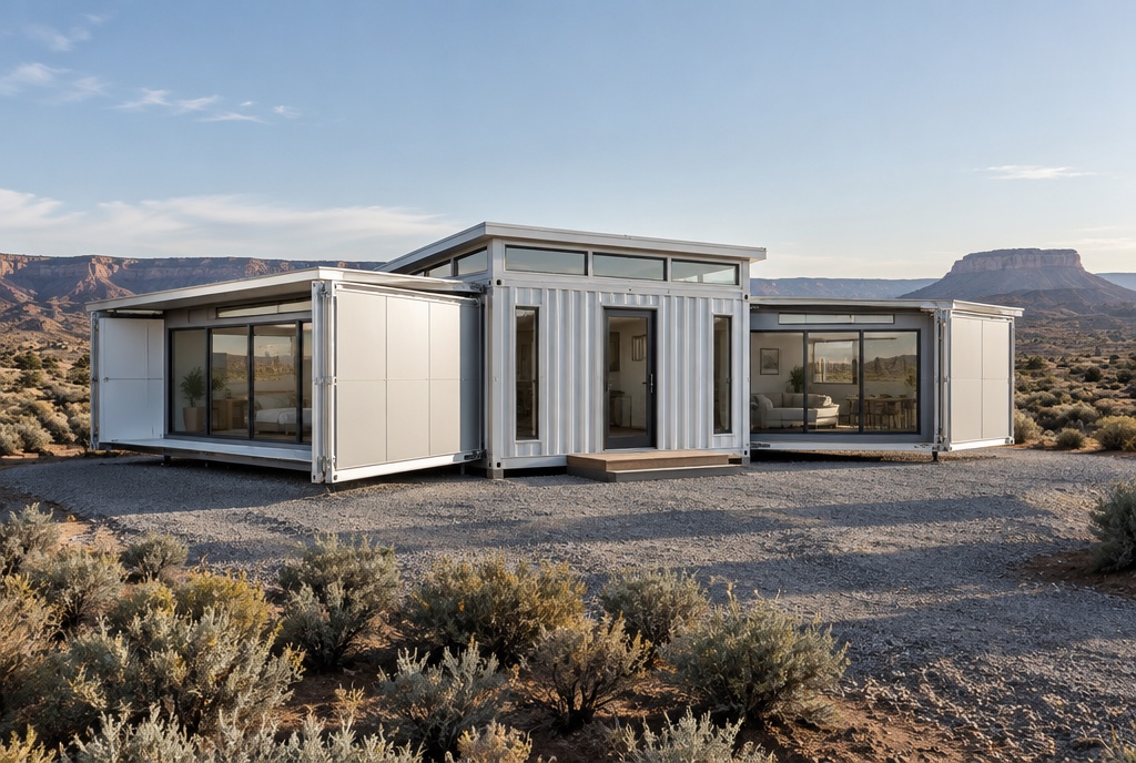 A white metal expandable home with its side wings folded open, sitting on a gravel pad in a high-desert landscape.