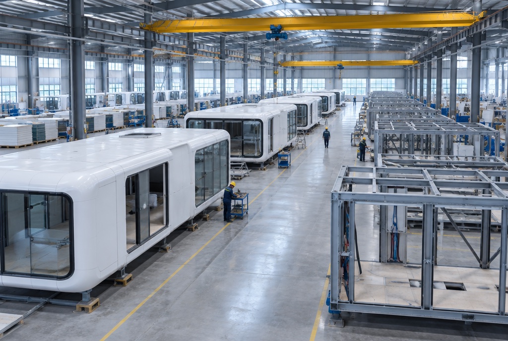 A large factory floor with white capsule home shells and steel frames on an assembly line under overhead cranes.