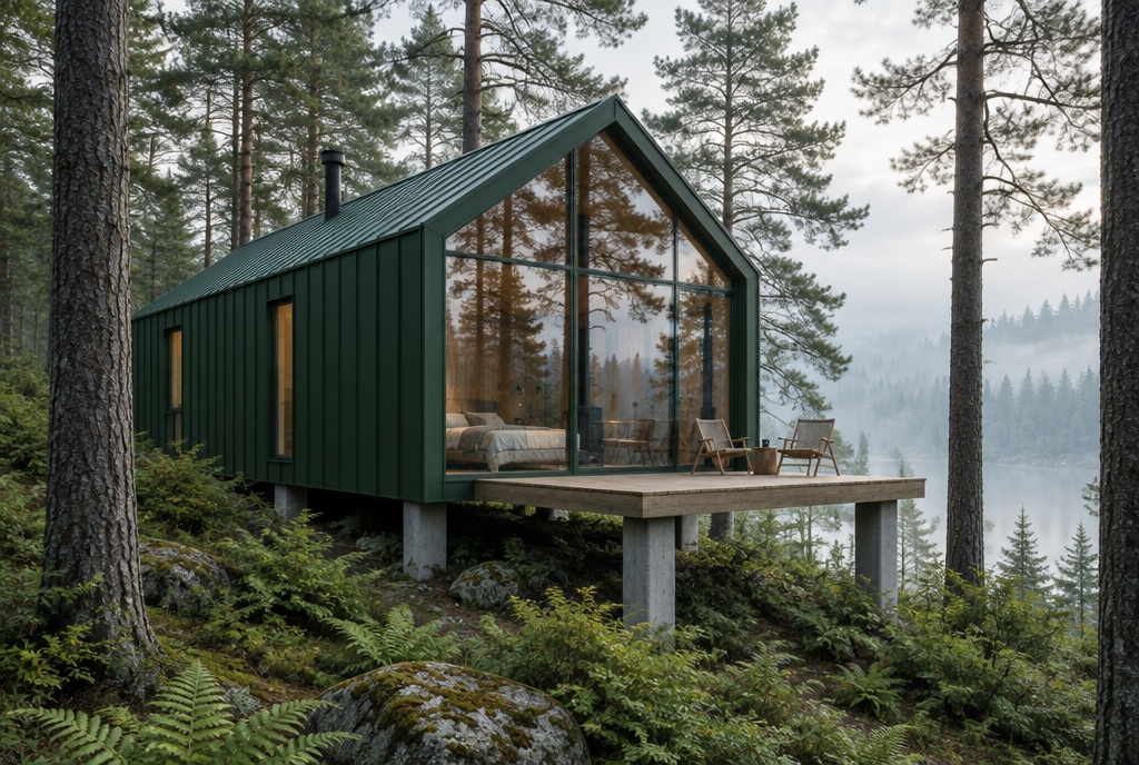 A dark green metal-clad guest cabin with a glazed gable end and deck, raised on concrete piers among pine trees in morning mist.