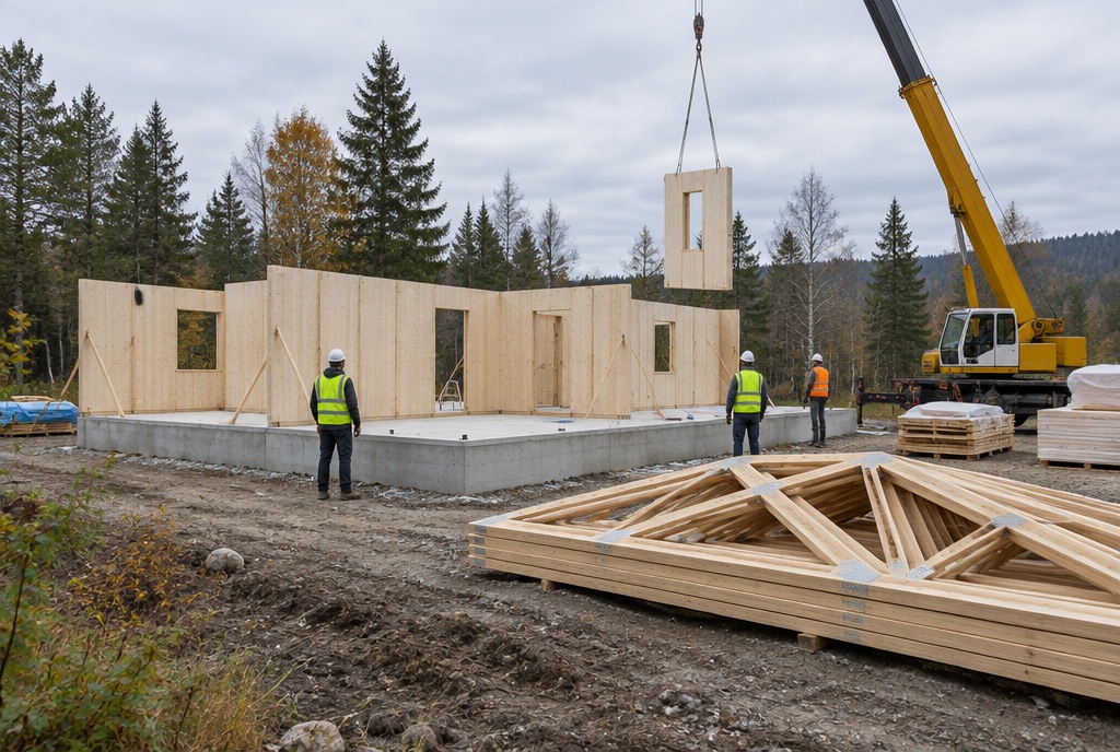 Pale timber wall panels being craned onto a new concrete foundation, with roof trusses stacked in the foreground and workers in hi-vis vests.
