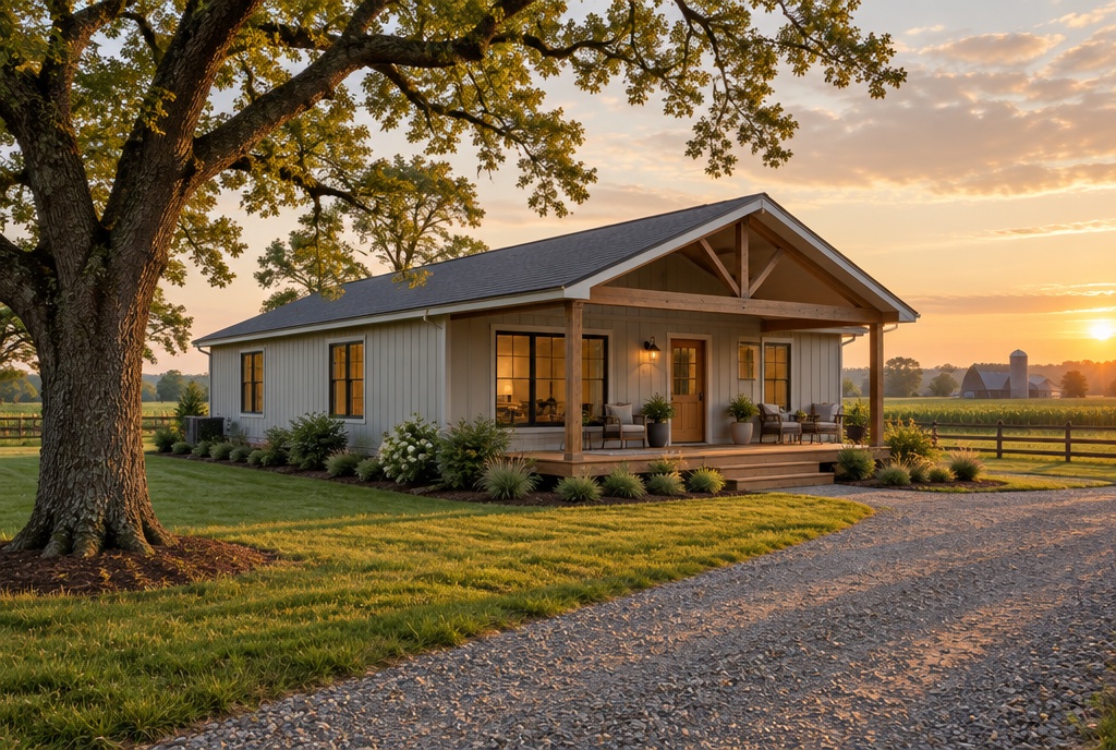 A single-storey grey modular farmhouse with a covered wooden porch beside an old oak tree and gravel drive at sunset.